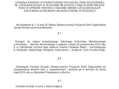 Uchwała Zarządu w sprawie nadania imienia schronisku.