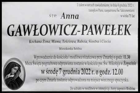 Zmarła Anna Gawłowicz-Pawełek - 04.12.2022