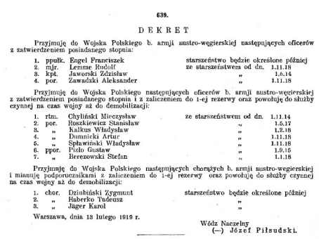 Dziennik Rozkazów Wojskowych z 22 lutego 1919 roku. 